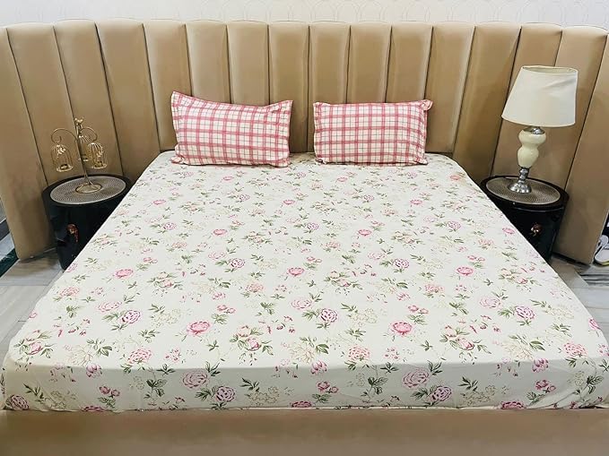 Pink Floral king size elastic fitted double bedsheet with-2-pillow cover