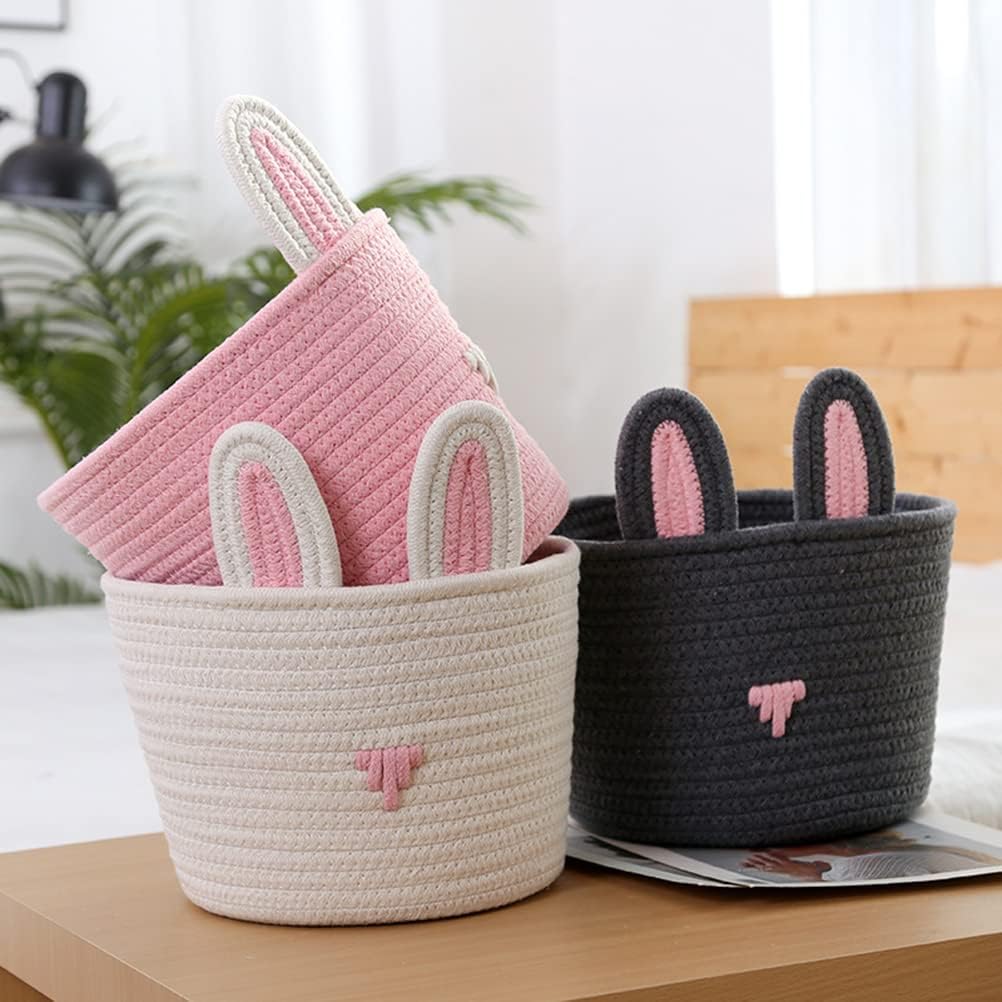 Cute Rabbit Basket Woven With Cotton Rope (White)