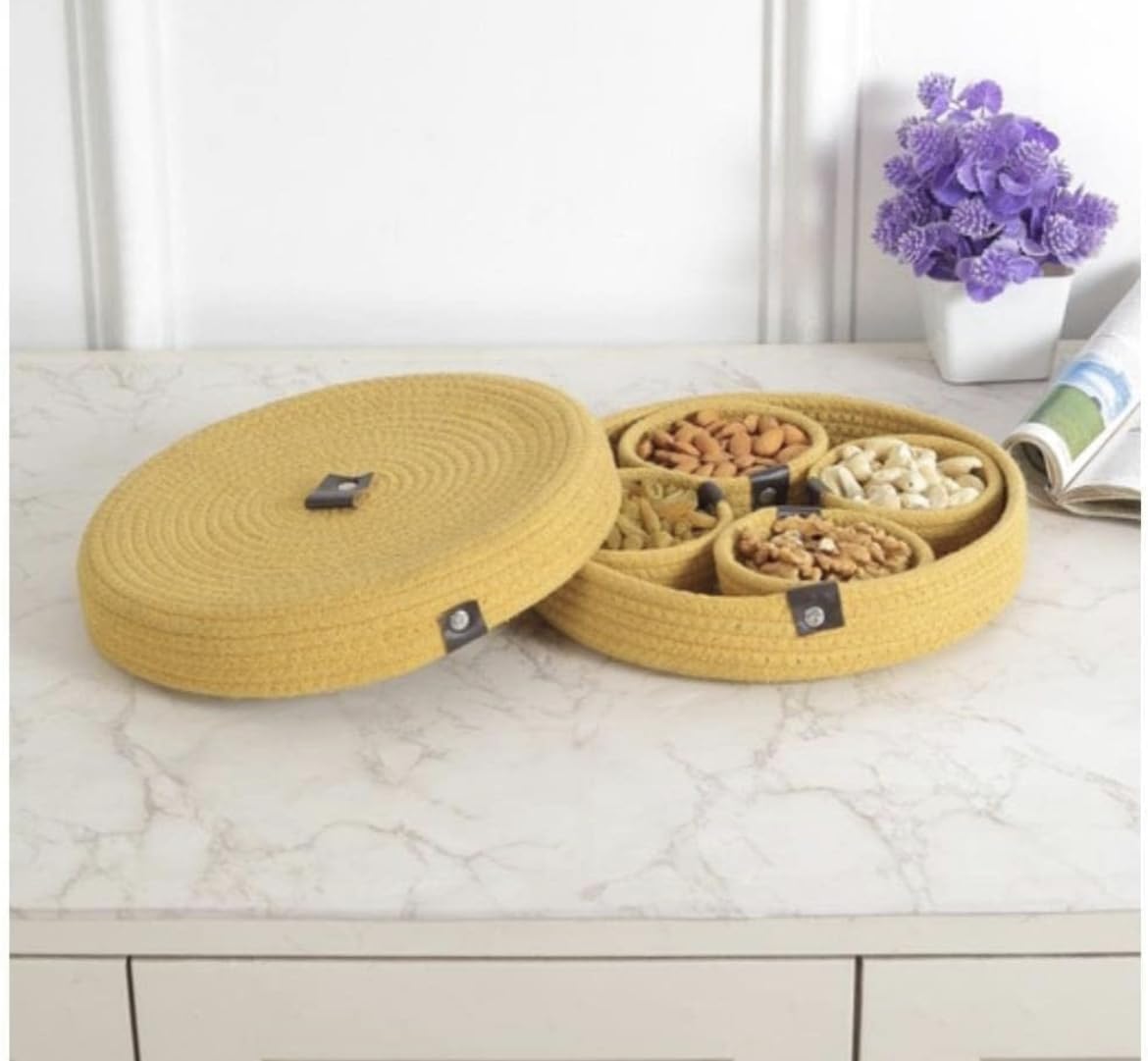 Most Viral Natural Cotton Rope Dryfruit Storage Tray with 4 Bowls Set (Yellow Shade)