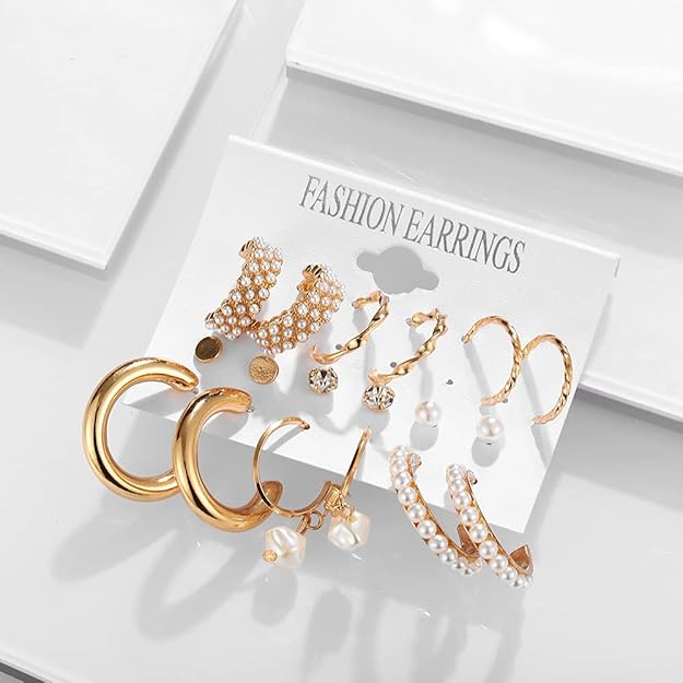 Set of 9 Golden Korean Earrings