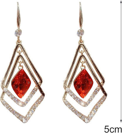 Traingle Shape Red Crystal Korean Earring