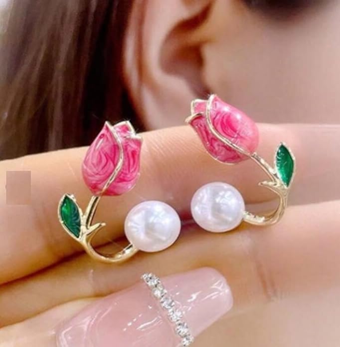 Korean Style Flower pearl Ear studs For Women (Red Colour)