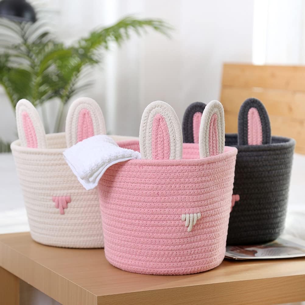 Cute Rabbit Basket Woven With Cotton Rope (White)