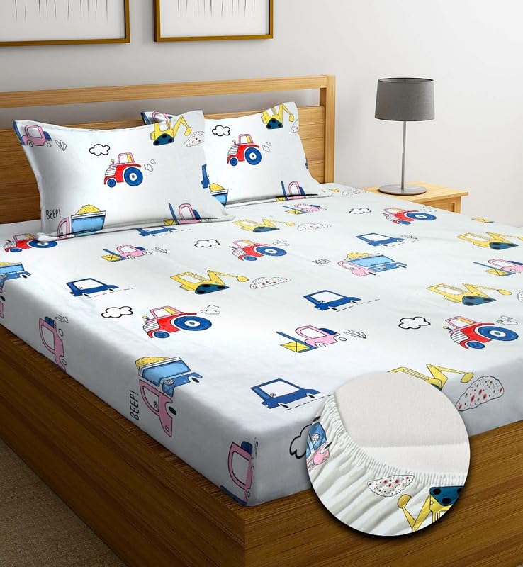 Super Cute White Car Design Queen Size Bedsheet With 2 Pillow Cover