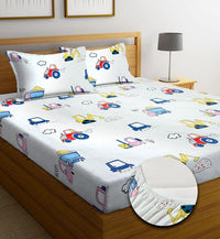 Thumbnail for Super Cute White Car Design Queen Size Bedsheet With 2 Pillow Cover