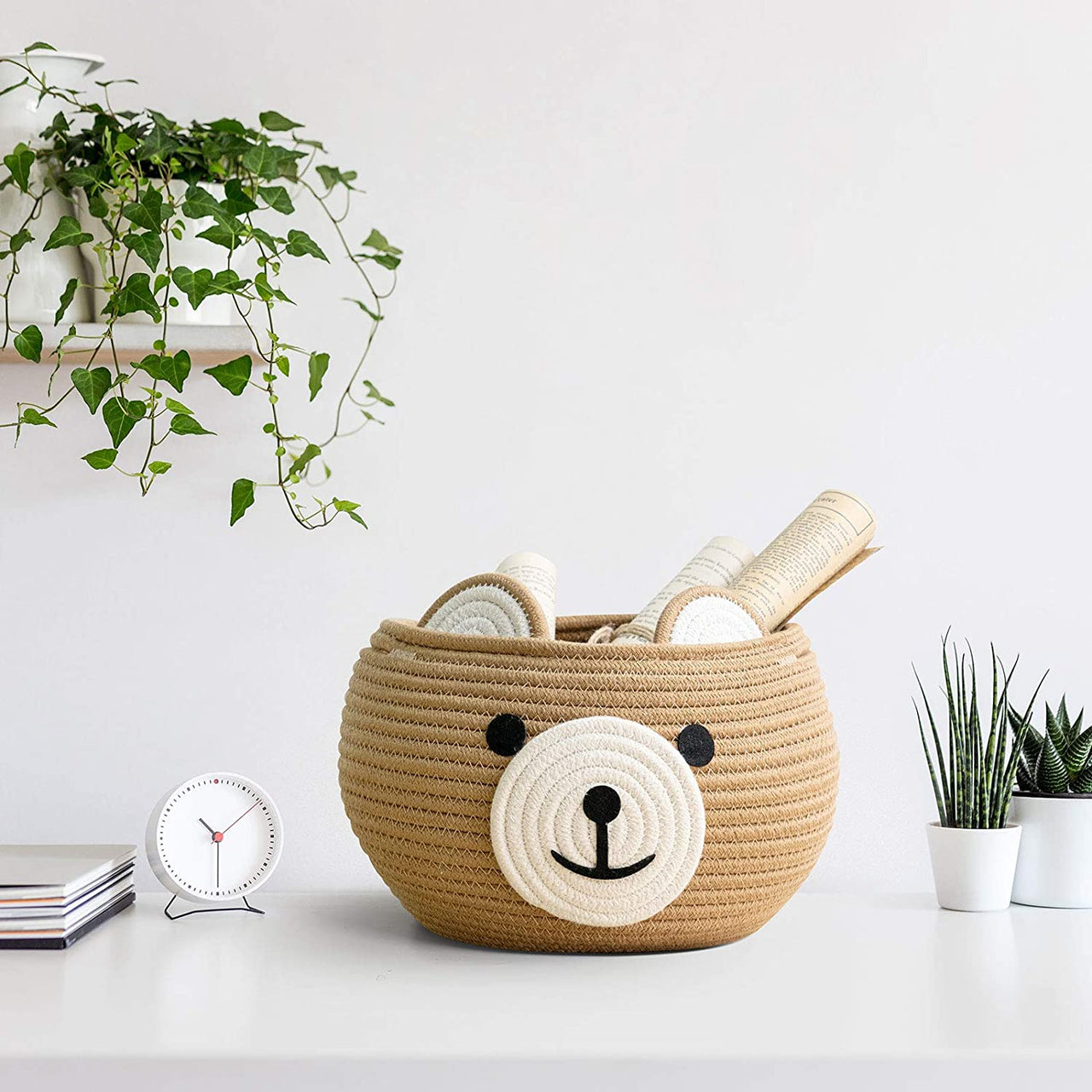 Cute Bear Round Basket - Cotton Rope Baskets in Living Room, Brown