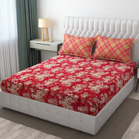 Thumbnail for Red & Beige Floral King Size Double Bed Bedsheet with 2 Pillow Covers