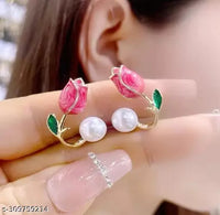 Thumbnail for Korean Dark Pink Tulip Pearl Flower Earrings