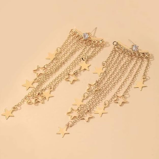 Celestial Dangle Star Earrings – Long Layered Chains with Gold Plated Star Charms