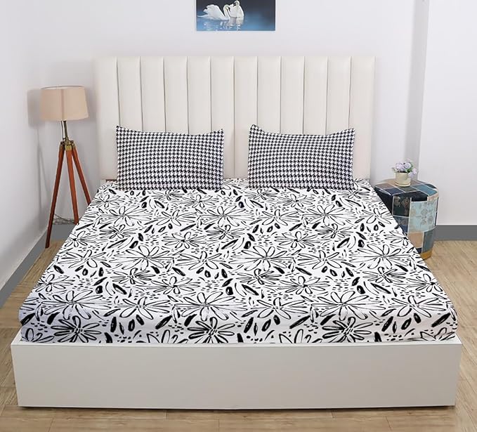 White Black Pattern Elastic Fitted Bedsheet King Size with 2 Pillow Covers