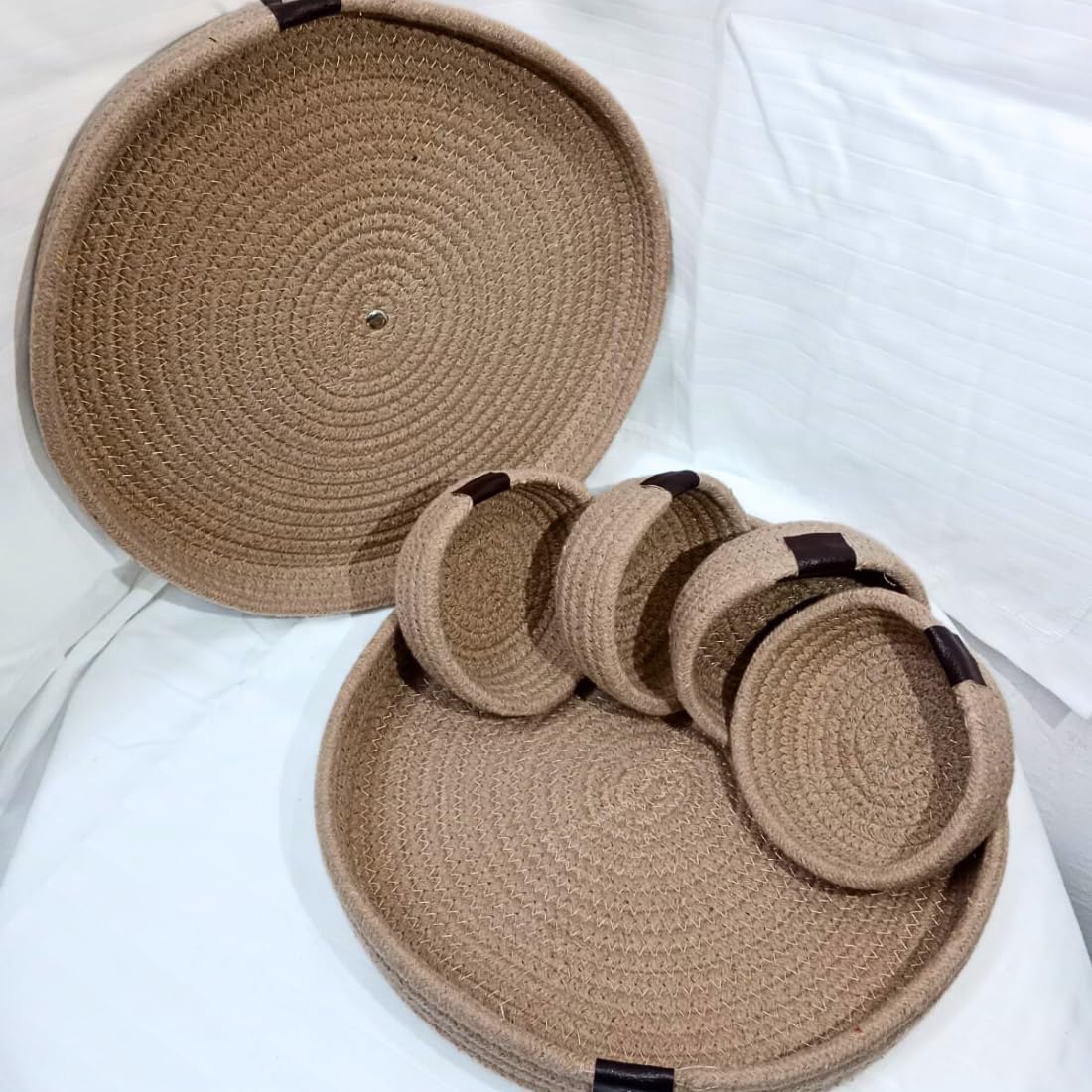 Most Viral Natural Cotton Rope Dryfruit Storage Tray with 4 Bowls Set (Brown Shade)