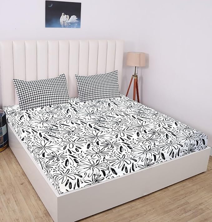 White Black Pattern Elastic Fitted Bedsheet King Size with 2 Pillow Covers