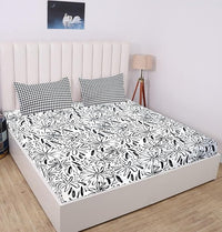 Thumbnail for White Black Pattern Elastic Fitted Bedsheet King Size with 2 Pillow Covers