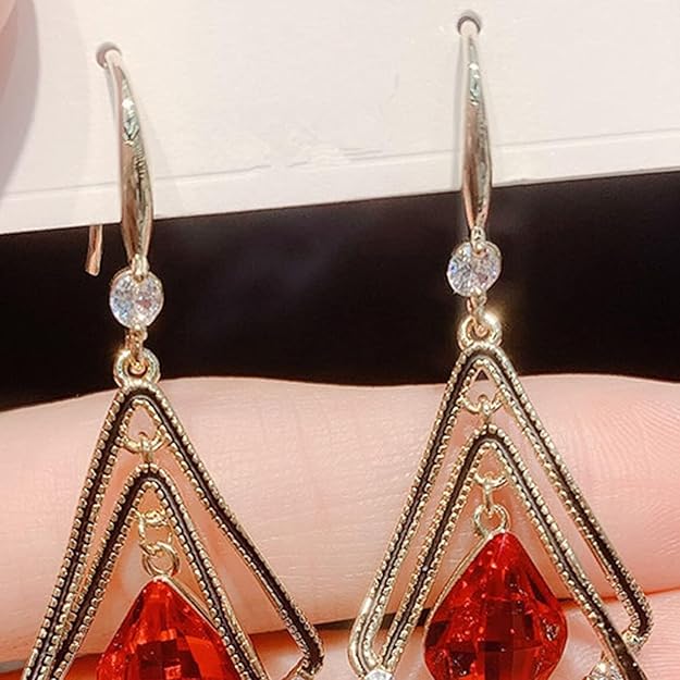Traingle Shape Red Crystal Korean Earring