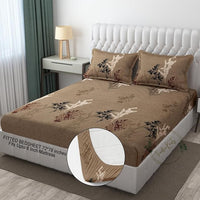 Thumbnail for Brown Floral Cotton Blend King Size Fitted Bedsheet with 2 Pillow Covers