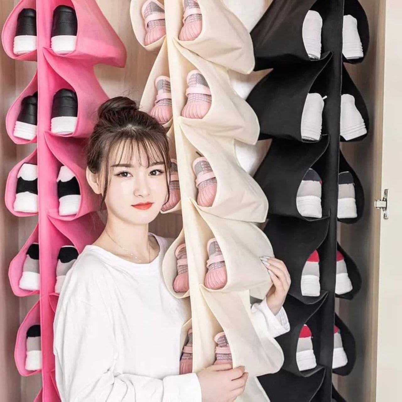 12 Pocket Hanging Shoe & Accessories Organizer – Foldable Non-Woven Fabric Closet Storage Rack for Wardrobe, Door & Hanger Rod (Multi-Color Options)