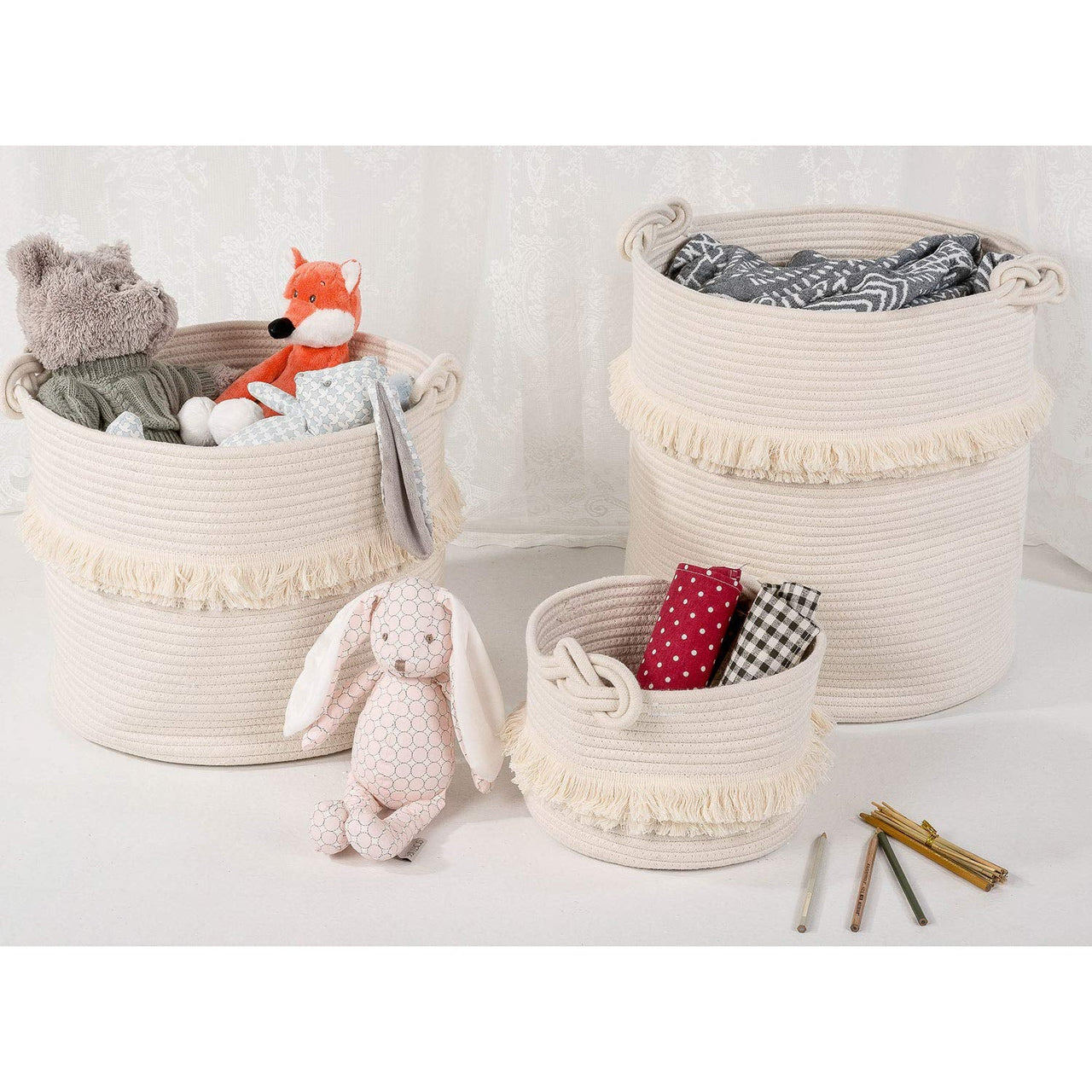 Large Woven Storage Baskets, Cute Tassel Nursery Decor, Off-White