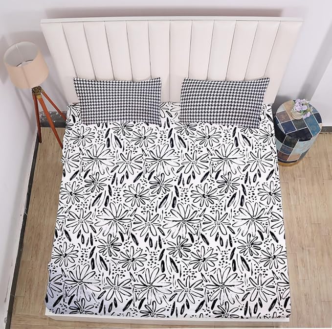 White Black Pattern Elastic Fitted Bedsheet King Size with 2 Pillow Covers