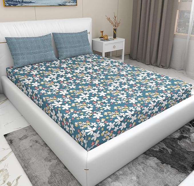 Mint Green Floral Print King Size Bed Sheet Set - with 2 Pillow Covers