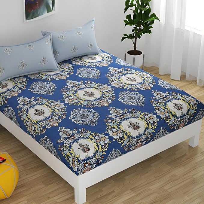 Ultra Marine Floral Print King Size Bed Sheet Set -with 2 Coordinated Pillow Covers