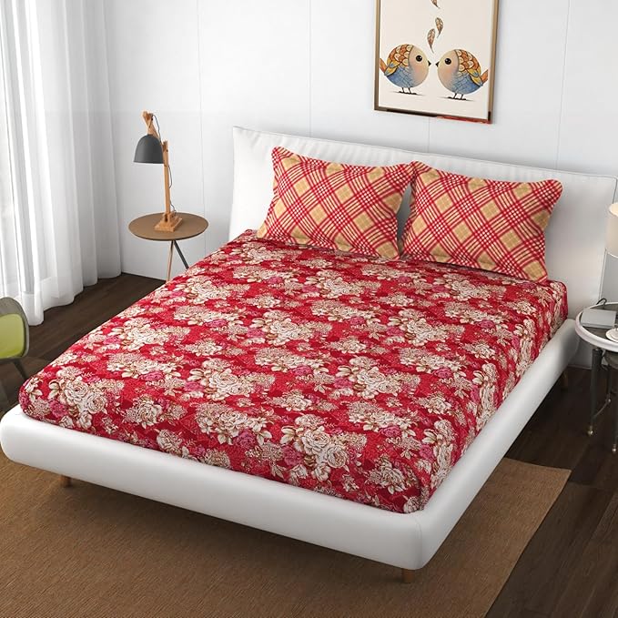 Red & Beige Floral King Size Double Bed Bedsheet with 2 Pillow Covers