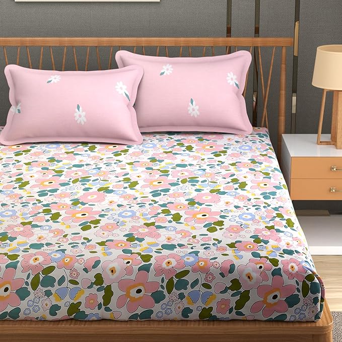 Glace Cotton King Size Bedsheet with 2 Pillow Covers  - Floral, Pink