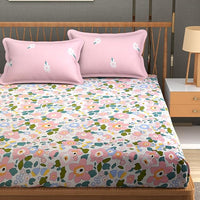 Thumbnail for Glace Cotton King Size Bedsheet with 2 Pillow Covers  - Floral, Pink