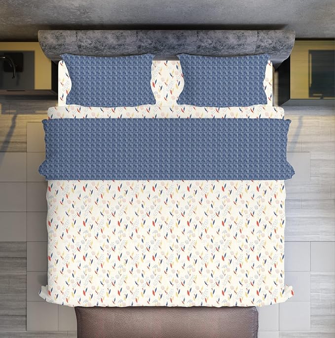 Beige & Blue Printed King Size Bedsheet With 2 pillow Covers