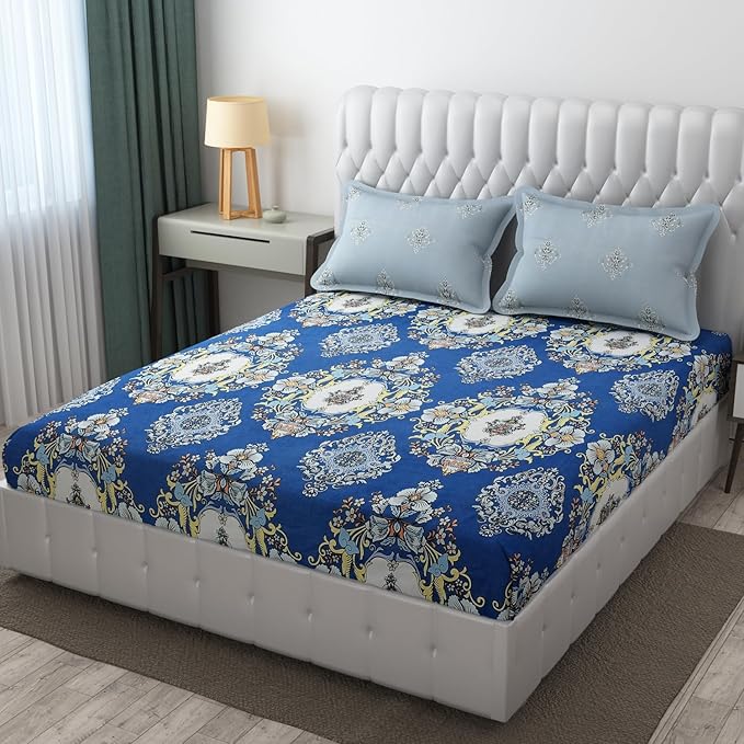 Ultra Marine Floral Print King Size Bed Sheet Set -with 2 Coordinated Pillow Covers