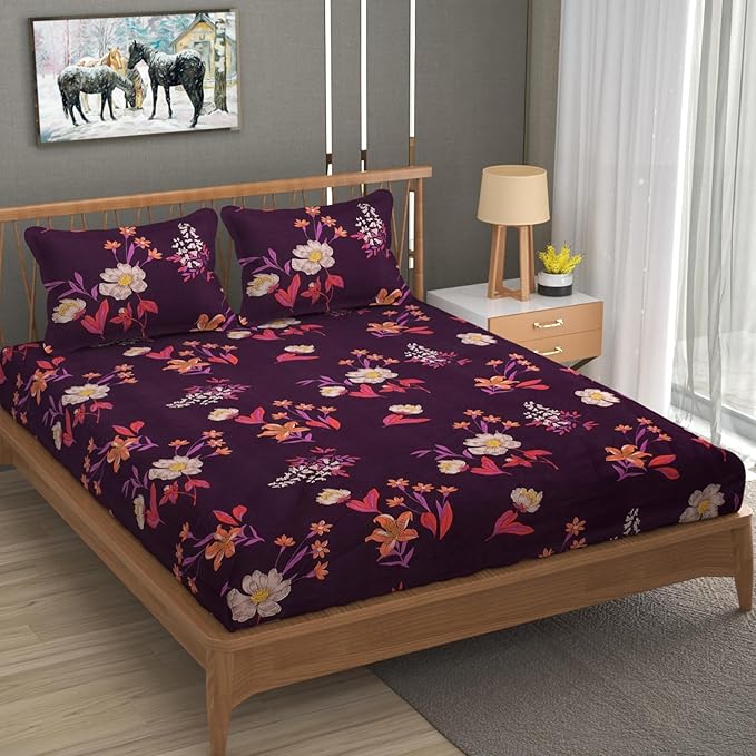 Flower-Purple Elastic Fitted Double Cotton bedsheet with 2 Pillow Covers