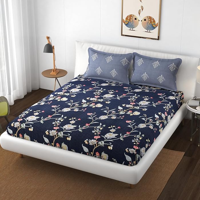 Tealish Blue Floral Print King Size Bed Sheet with 2 Pillow Covers