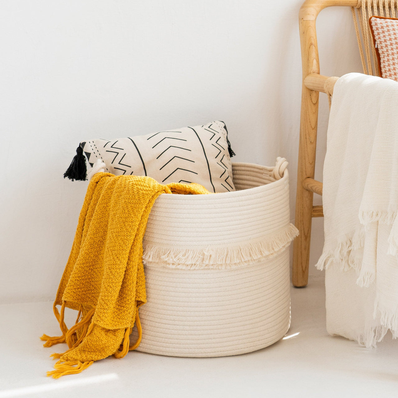 Large Woven Storage Baskets, Cute Tassel Nursery Decor, Off-White