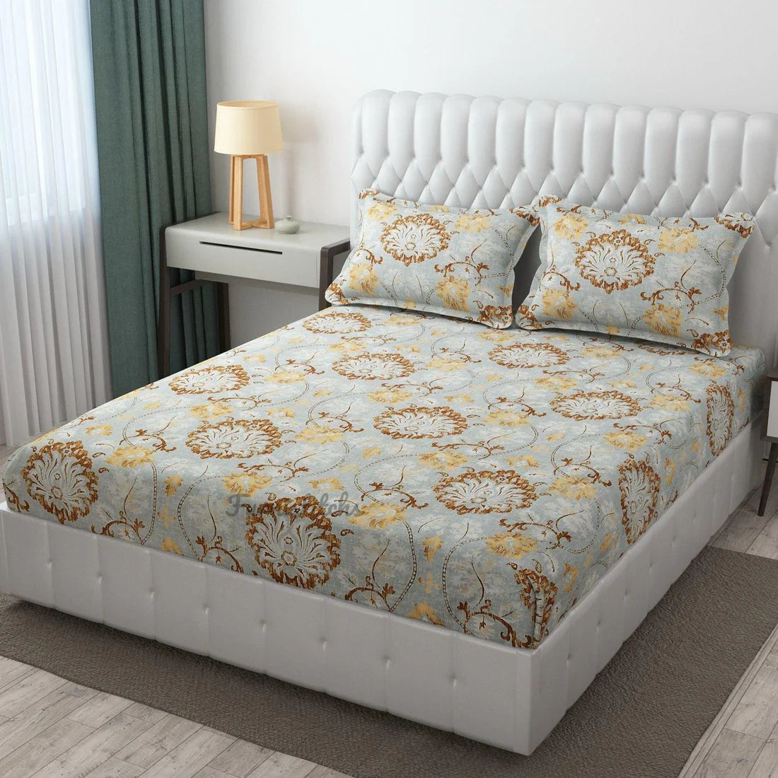 Beautiful Yellow Floral Elastic Fitted Double bed  Bedsheet with 2 Pillow Covers