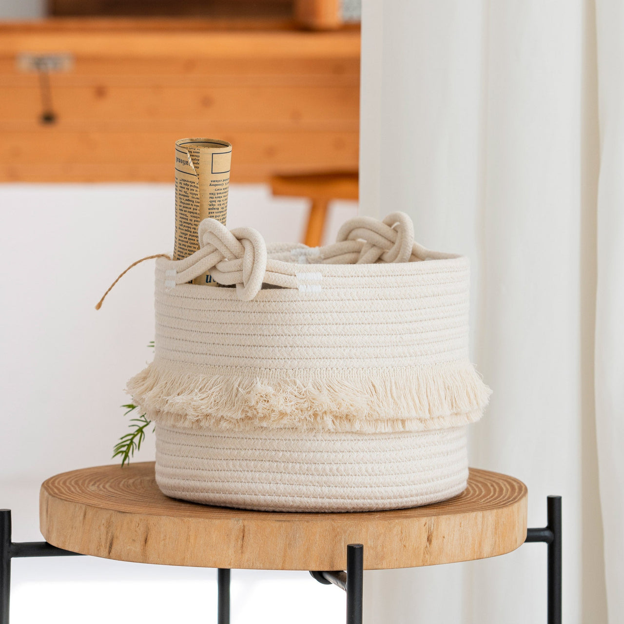 Small Woven Storage Baskets, Cute Tassel, Off-White