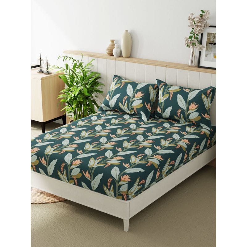 Queen Size Green Floral Double Bed Elastic Fitted Premium Bedsheet