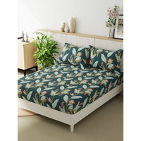 Thumbnail for Queen Size Green Floral Double Bed Elastic Fitted Premium Bedsheet