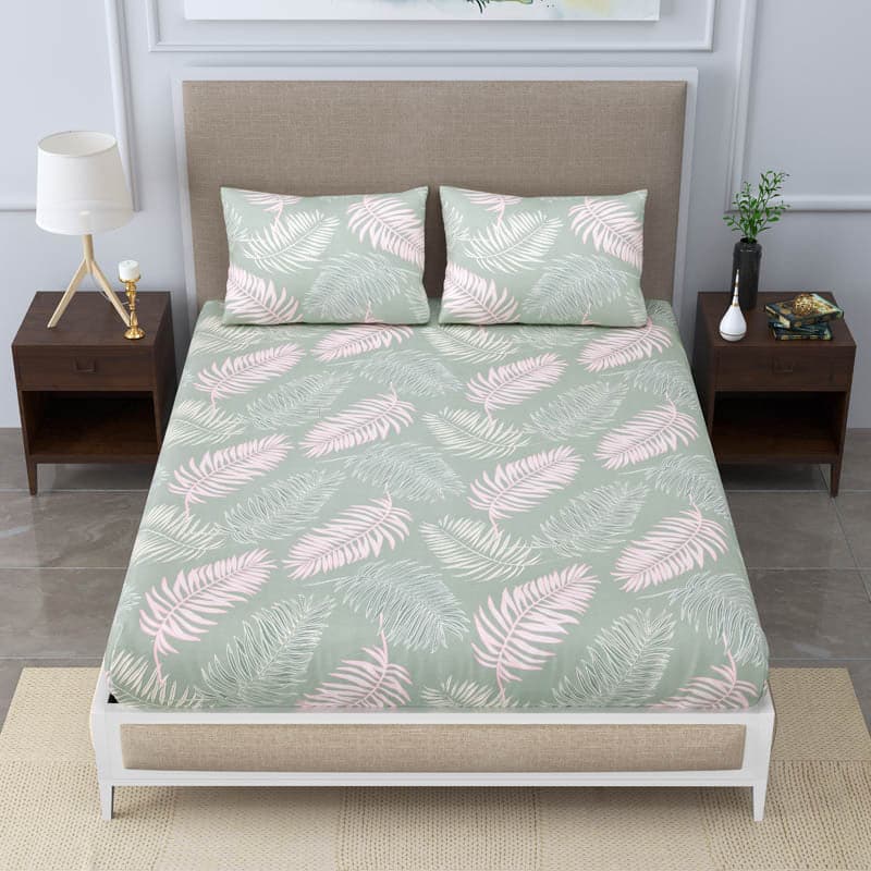 Queen Size Light Green Feathers Double Bed Elastic Fitted Premium Bedsheet