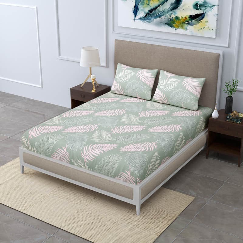 Queen Size Light Green Feathers Double Bed Elastic Fitted Premium Bedsheet