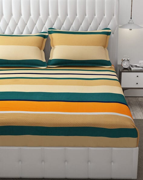 Queen Size Yellow Line Double Bed Elastic Fitted Premium Bedsheet