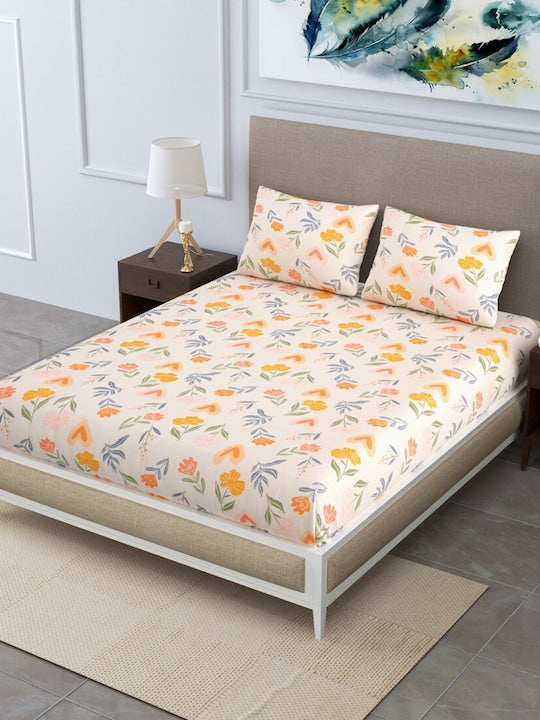 Queen Size Yellow Tulip Double Bed Elastic Fitted Premium Bedsheet