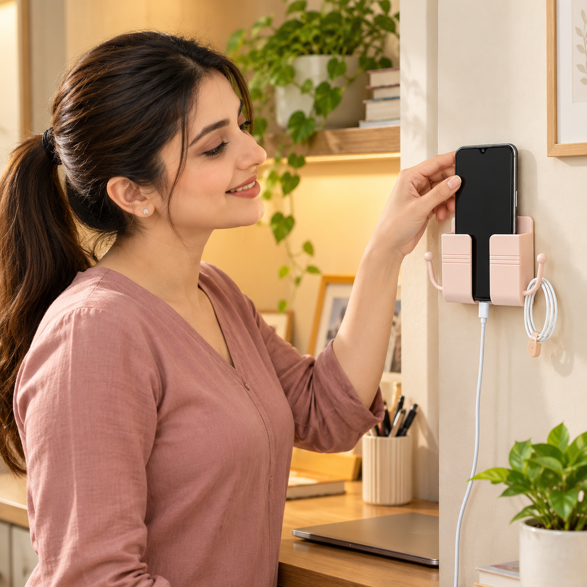 Self-Adhesive Wall-Mounted Phone Holder with Hooks