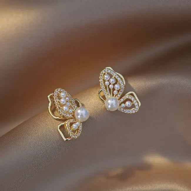 Gold Plated White Pearl Butterfly Stud Earrings For Women