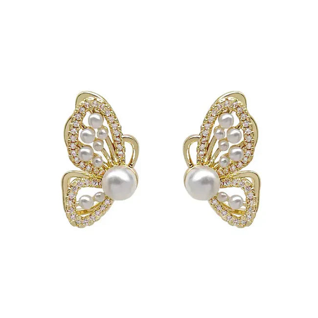 Gold Plated White Pearl Butterfly Stud Earrings For Women