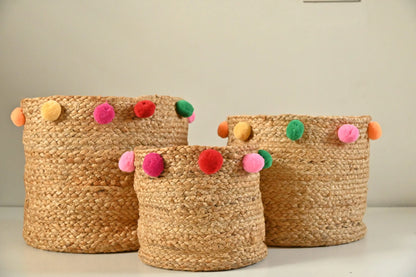 Handicraft Jute Multicolor Pom Pom Set of 3 Multi-Purpose Basket