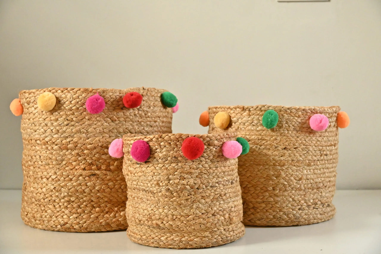 Handicraft Jute Multicolor Pom Pom Set of 3 Multi-Purpose Basket