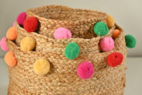 Thumbnail for Handicraft Jute Multicolor Pom Pom Set of 3 Multi-Purpose Basket