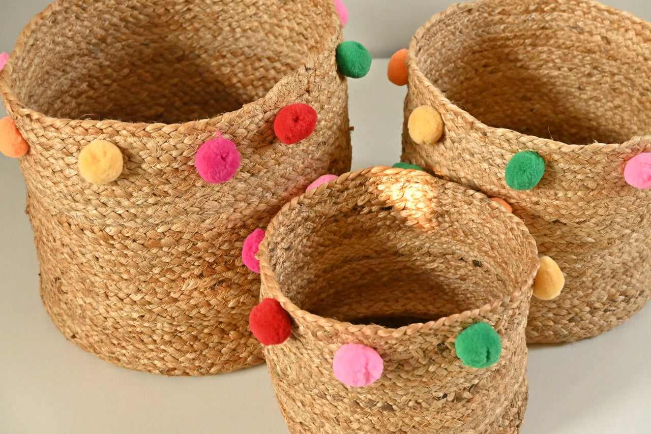 Handicraft Jute Multicolor Pom Pom Set of 3 Multi-Purpose Basket