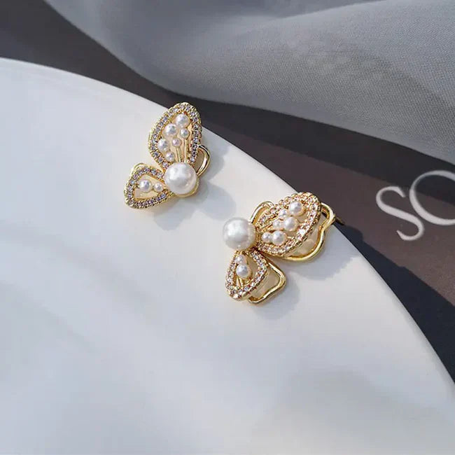 Gold Plated White Pearl Butterfly Stud Earrings For Women