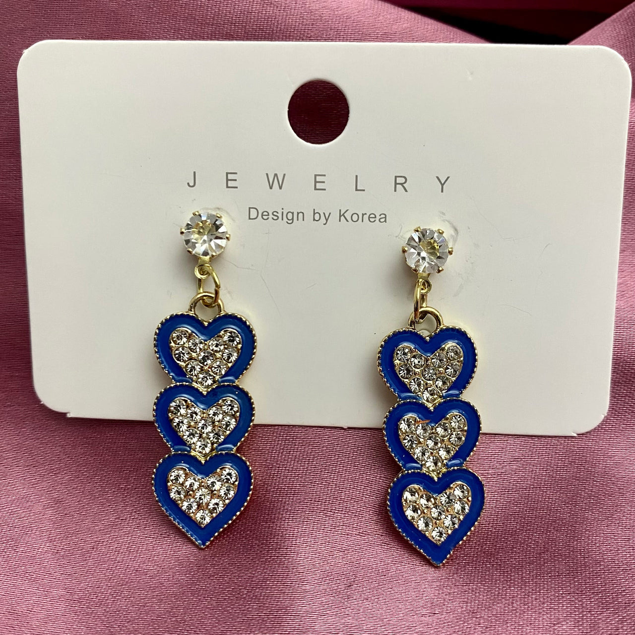 Blue Triple Heart Korean Earrings