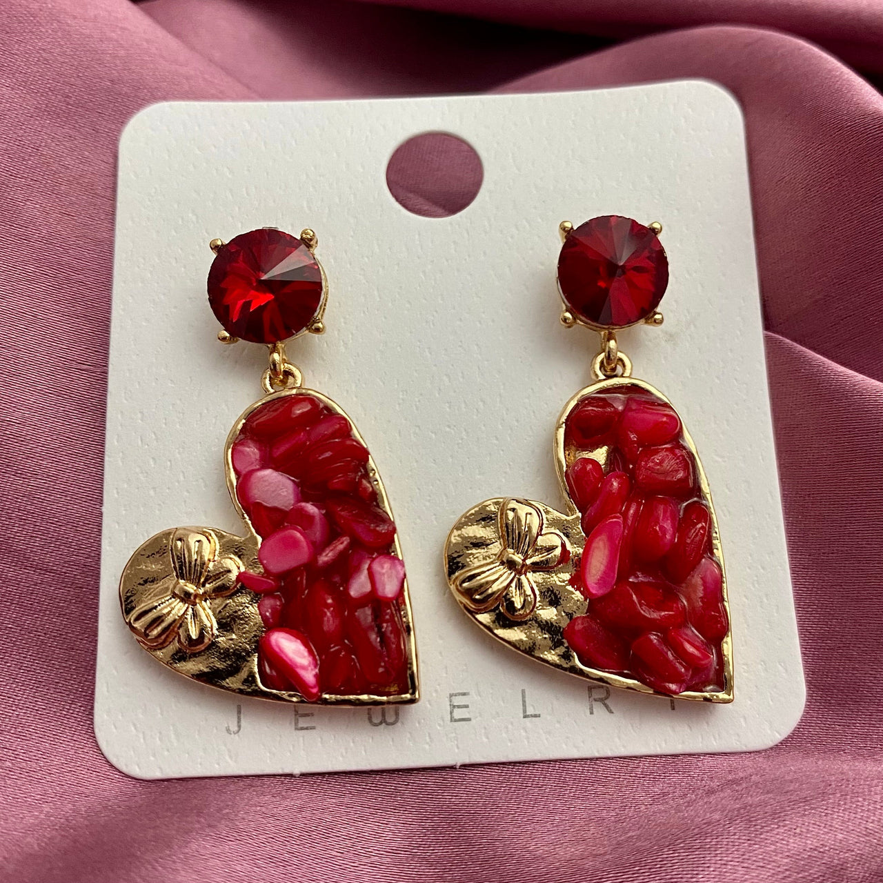 Red Uncut Stone Heart Shape Korean Earrings